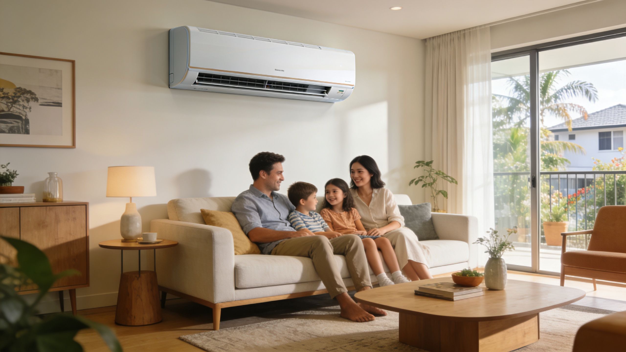 A Happy Family Relaxing On A Beige Sofa In A Modern, Air-Conditioned Living Room.