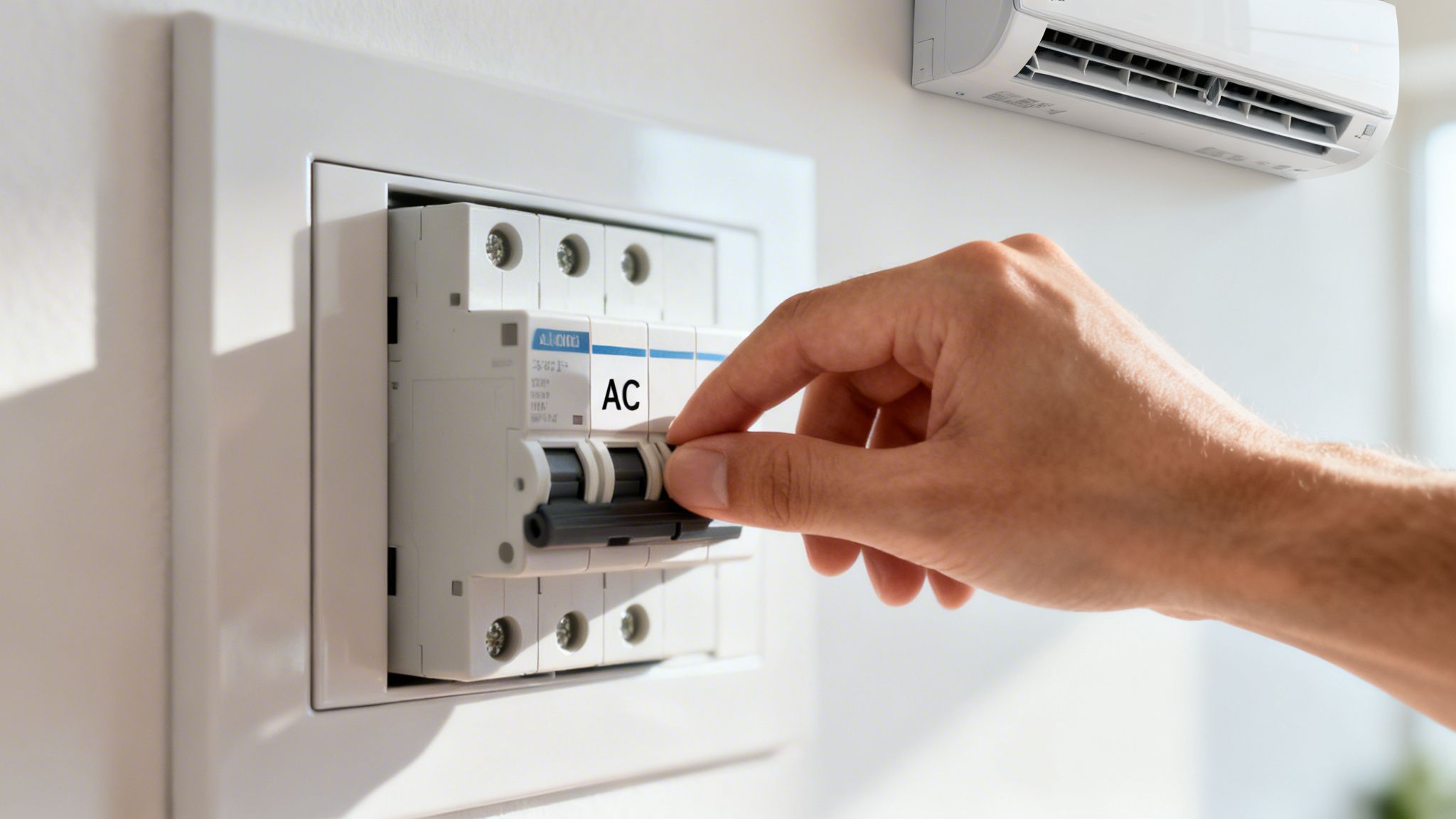 A Person'S Hand Switches An Ac Circuit Breaker In A Fuse Box, With An Air Conditioner Visible Above.