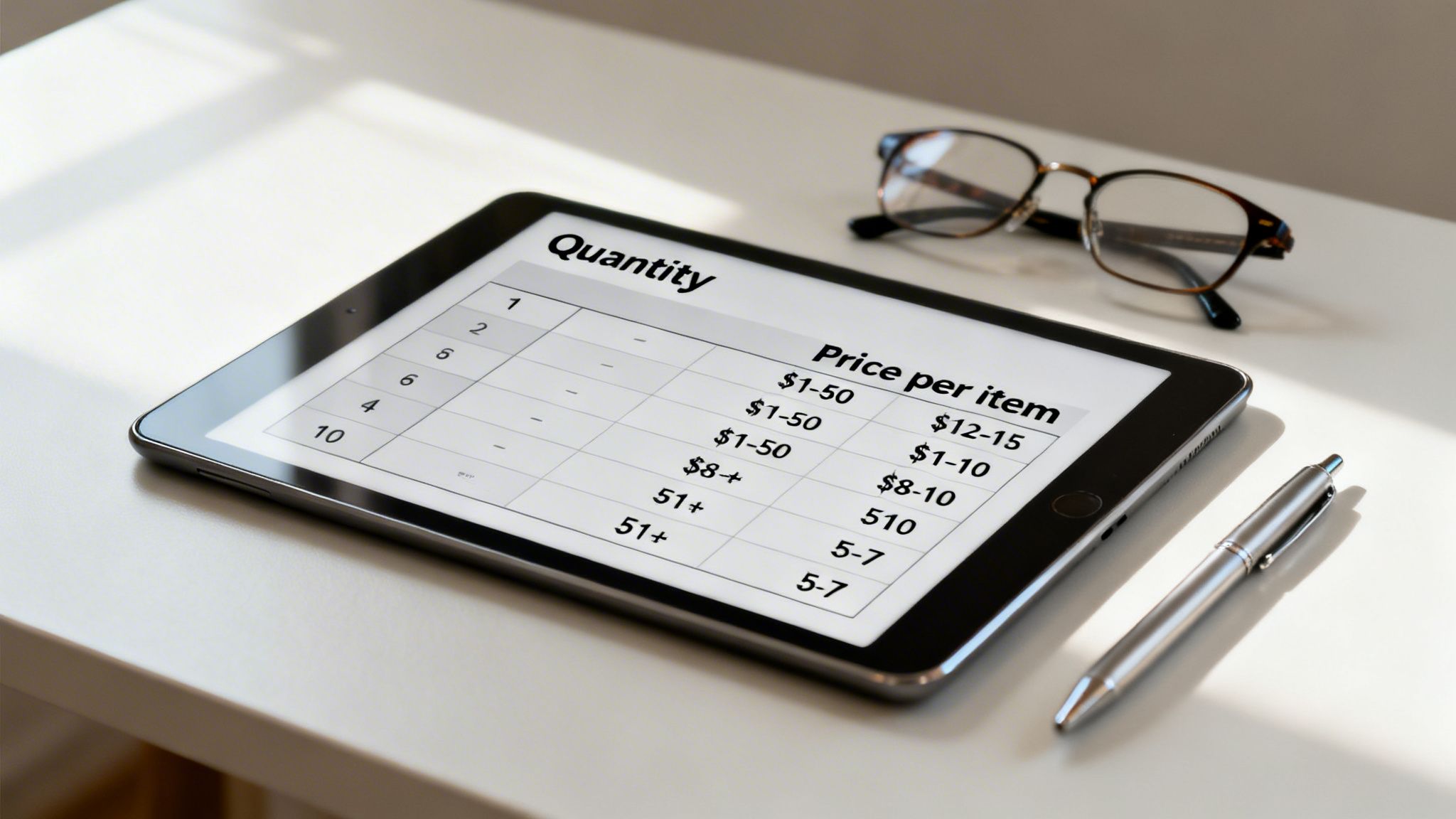 A Tablet On A White Desk Displays A Quantity-Based Price List, With Eyeglasses And A Pen Nearby.