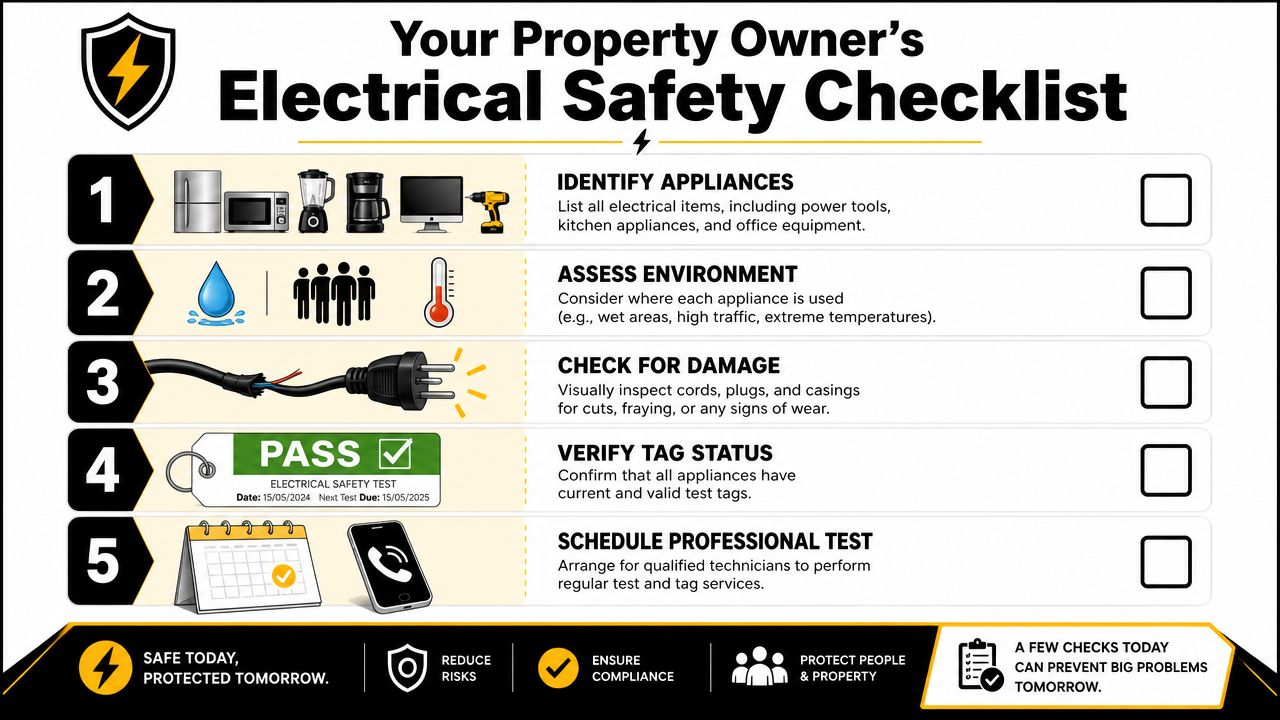 Electrical Testing And Tagging: A Brisbane Guide For 2026 3 An Educational Infographic Outlining A Five-Step Electrical Safety Checklist For Property Owners And Equipment Maintenance.