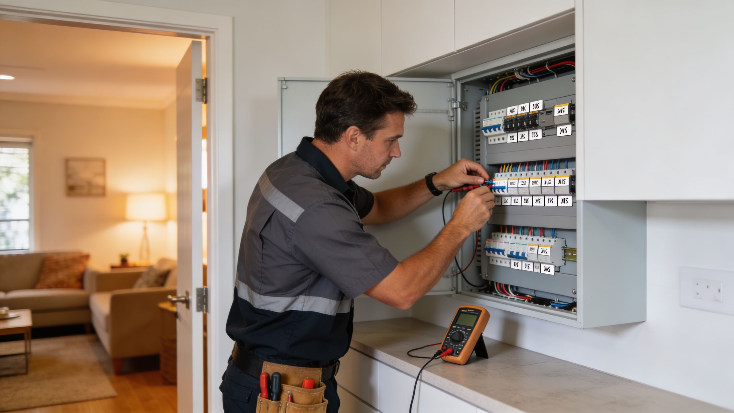 A Professional Electrician Inspecting A Residential Electrical Panel With A Multimeter In A Modern Home Interior.