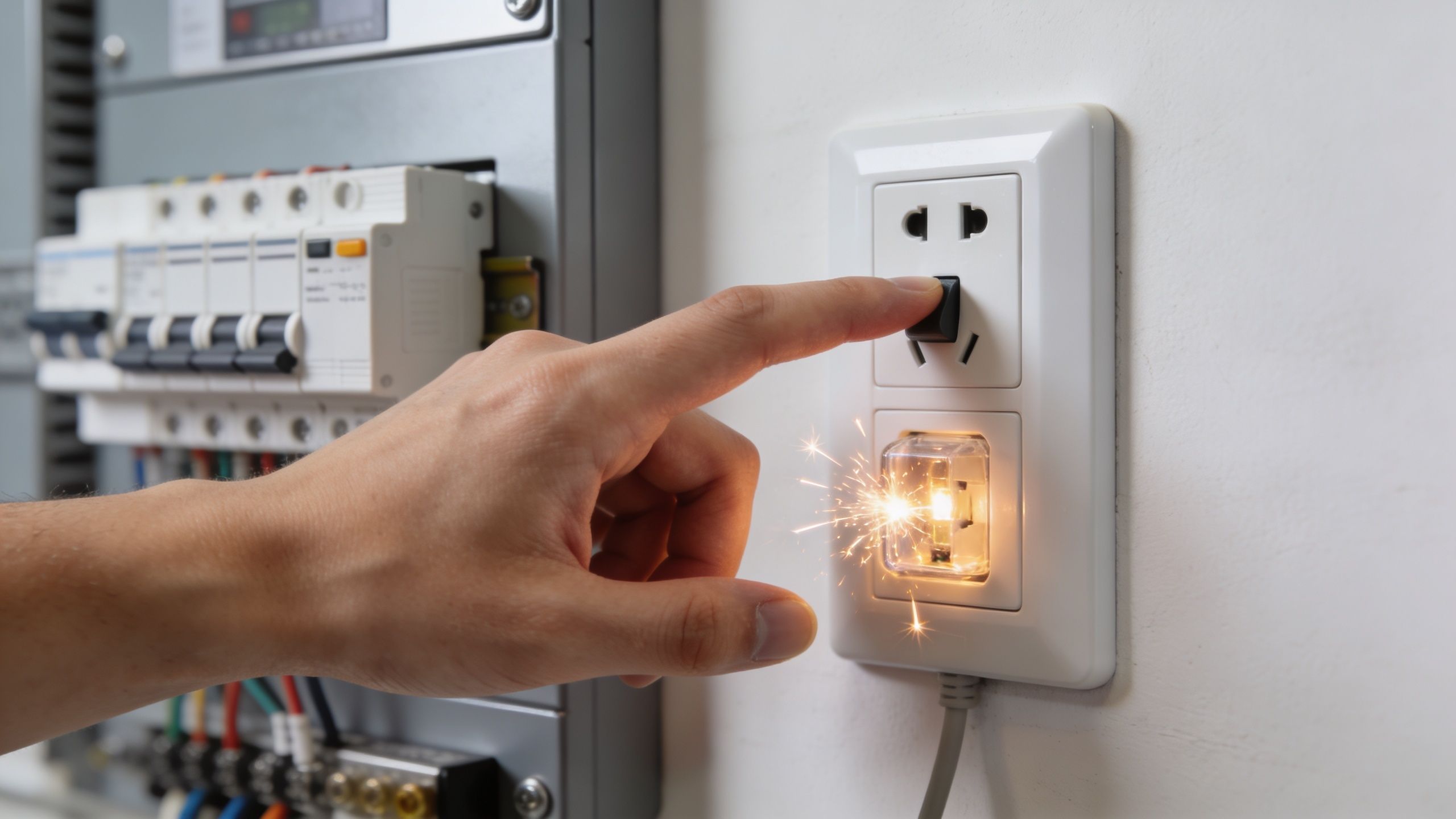 A Hand Touches A Sparking Electrical Wall Outlet Next To An Open Circuit Breaker Panel.
