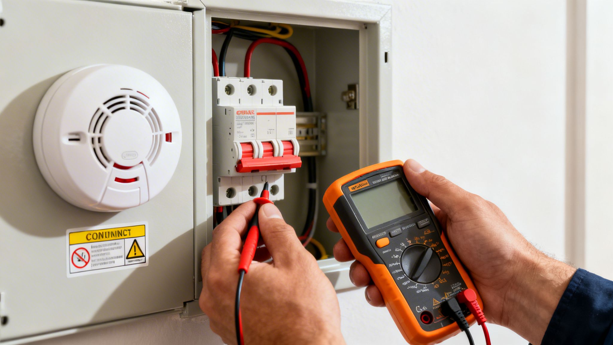 An Electrician'S Hands Use A Multimeter To Check A Circuit Breaker Box With A Smoke Detector.