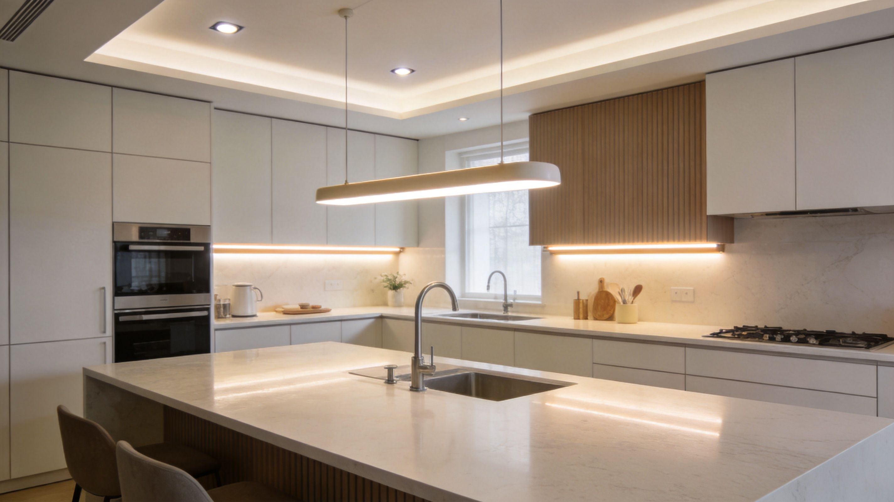 A Sleek Modern Kitchen Featuring White Cabinets, A Large Stone Island, And Elegant Linear Pendant Lighting Overhead.