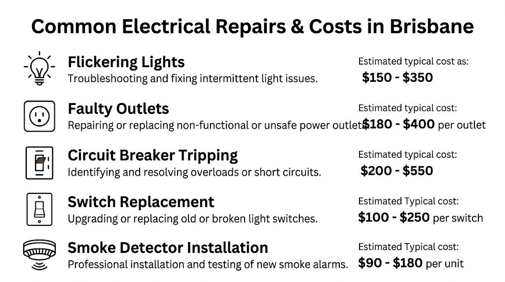 A List Of Common Electrical Repairs And Their Estimated Costs In Brisbane, Displayed With Icons And Text.