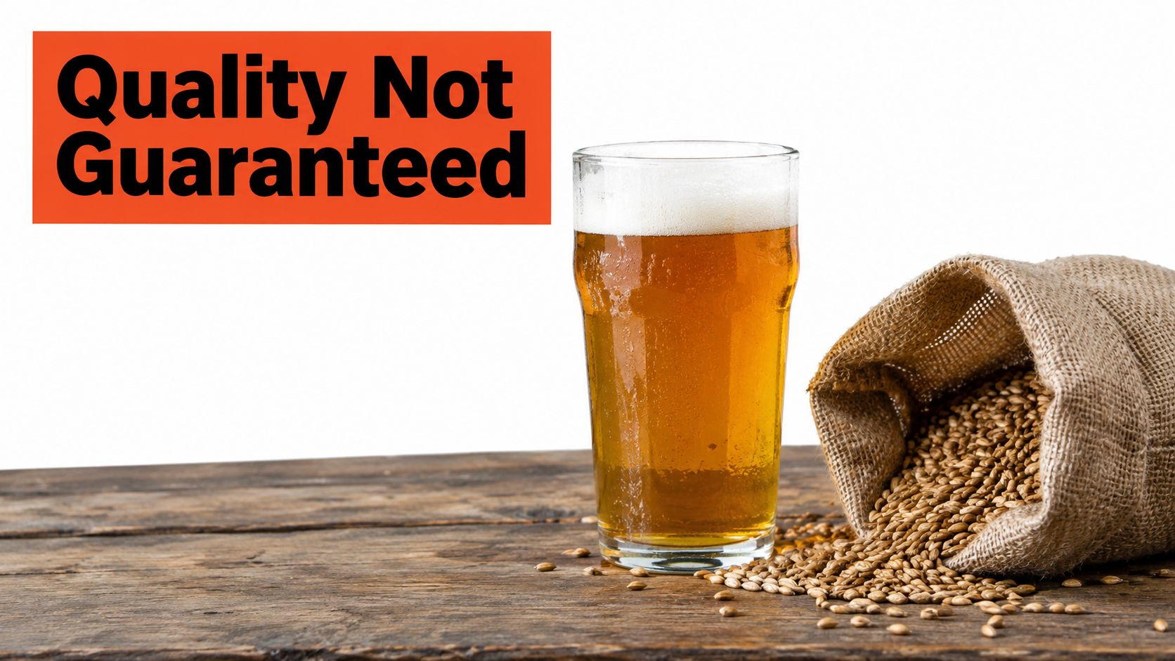 A glass of beer next to a burlap sack filled with spilled barley grains on wood.