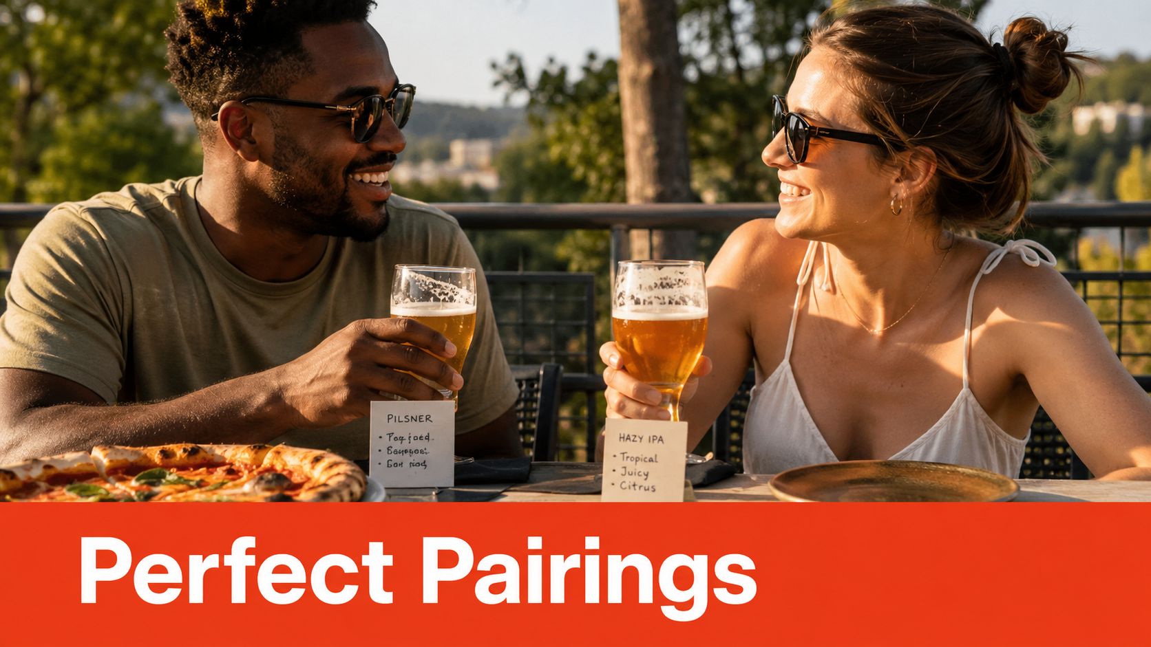 A happy couple enjoying craft lager and pizza while dining on a scenic outdoor terrace.