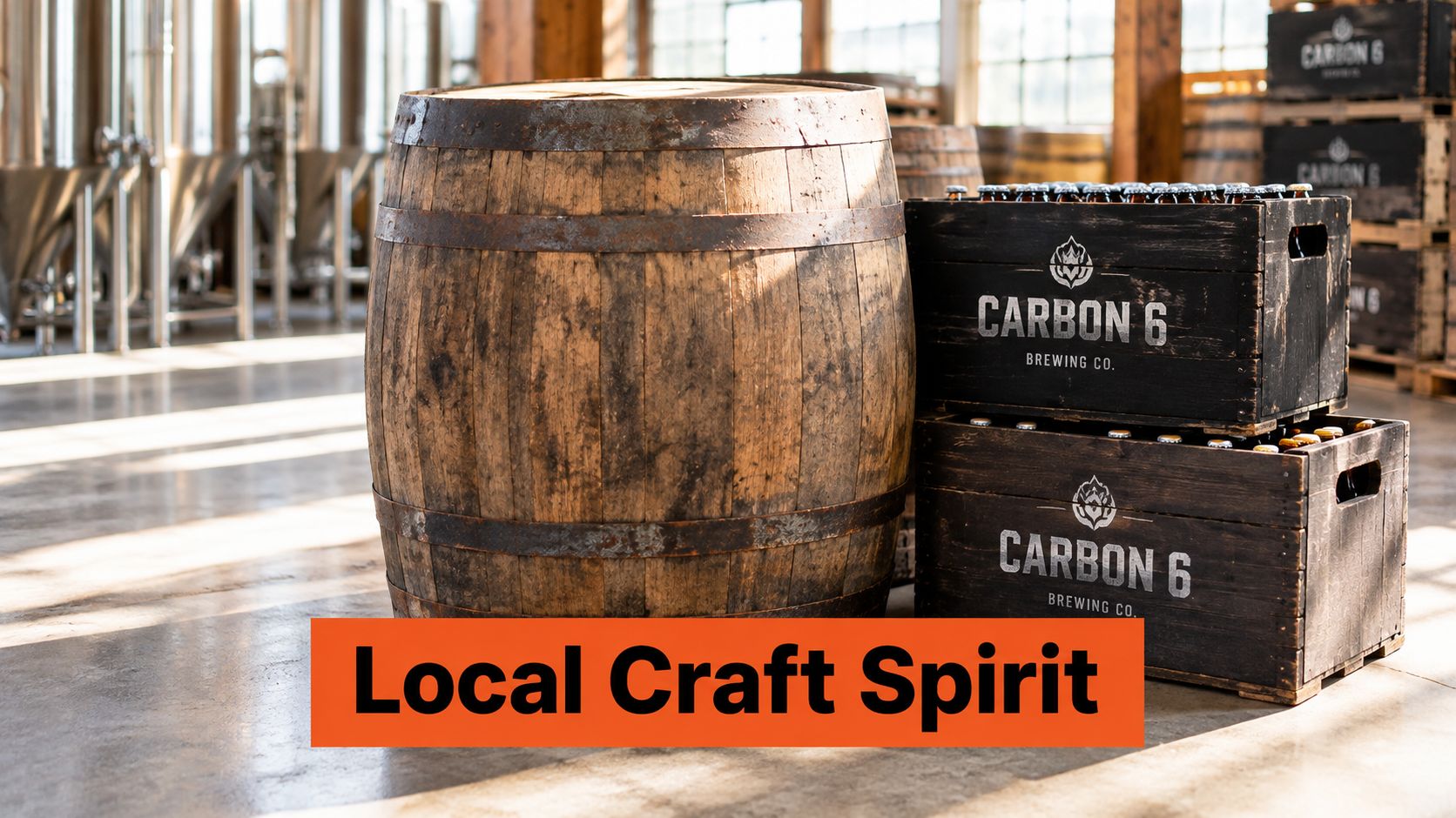 A wooden barrel next to two black wooden crates containing craft beer bottles at a brewery.