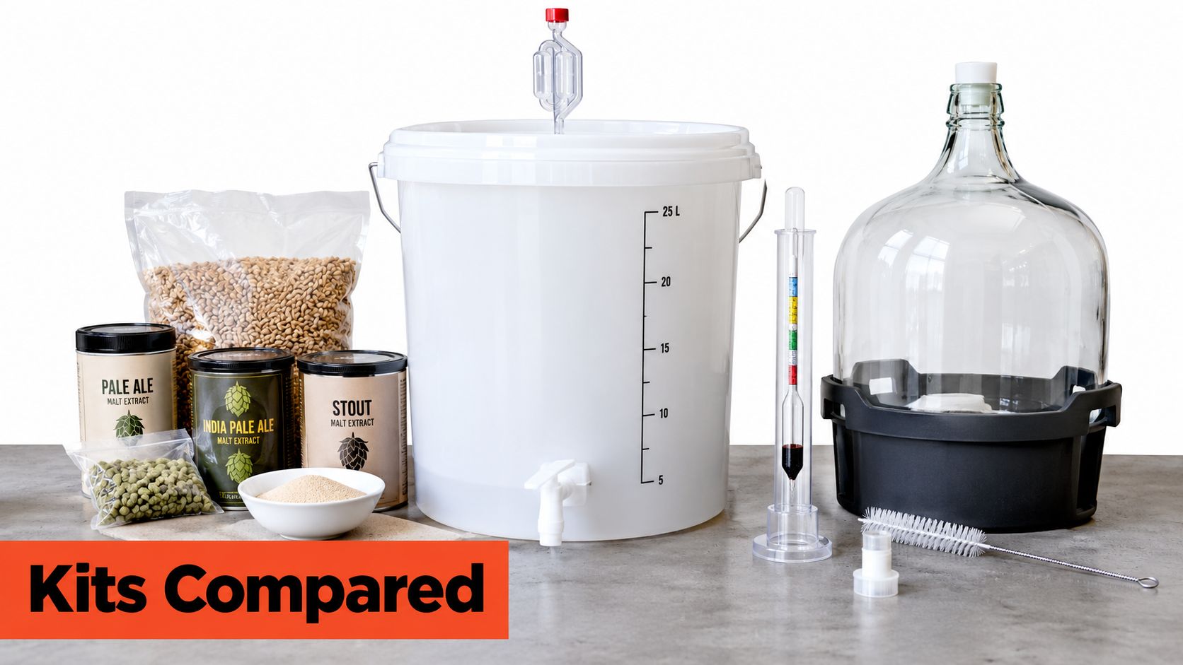 A comprehensive home brewing starter kit including a fermentation bucket, glass carboy, ingredients, and various brewing accessories.