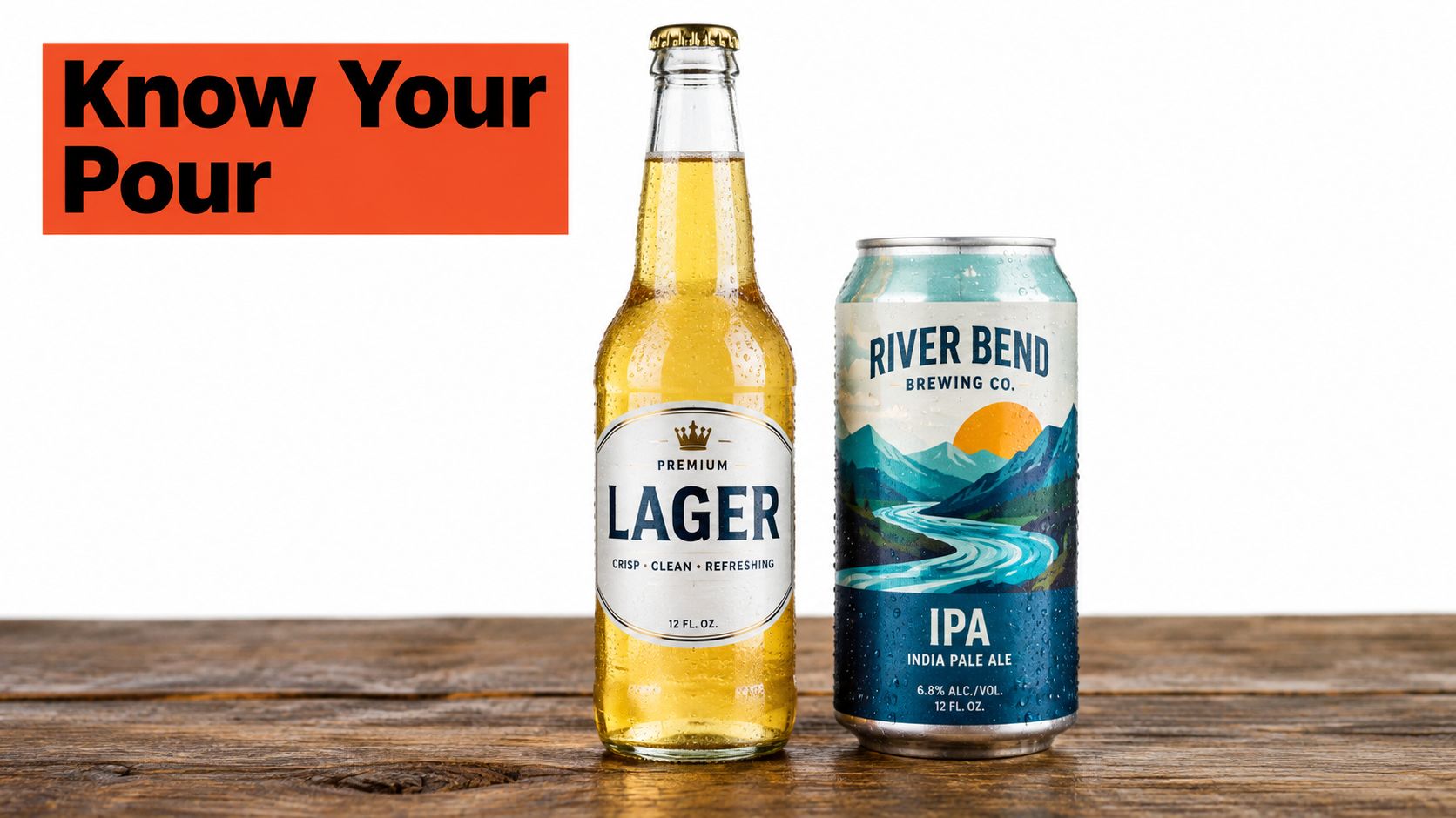 A glass bottle of premium lager and a can of River Bend Brewing Co. IPA on wood.