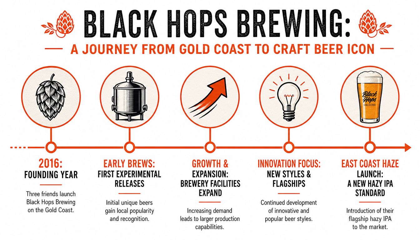 A timeline graphic illustrating the growth and milestones of Black Hops Brewing from founding to expansion.