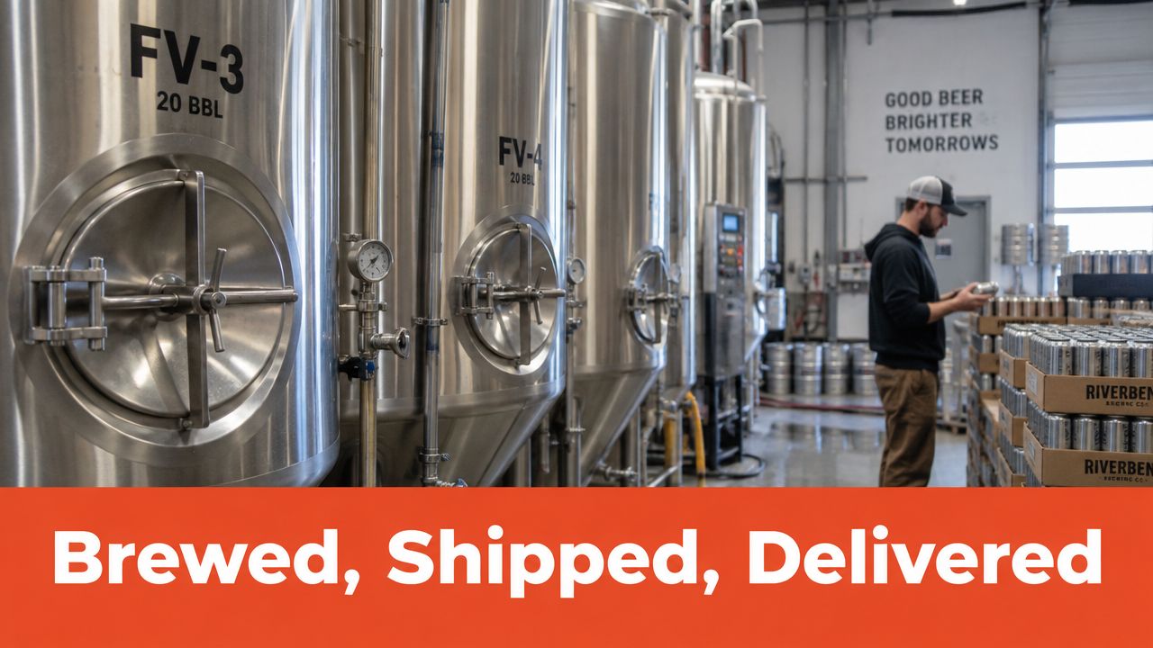 A brewery employee inspects a can of beer beside large stainless steel fermentation tanks in a production facility.