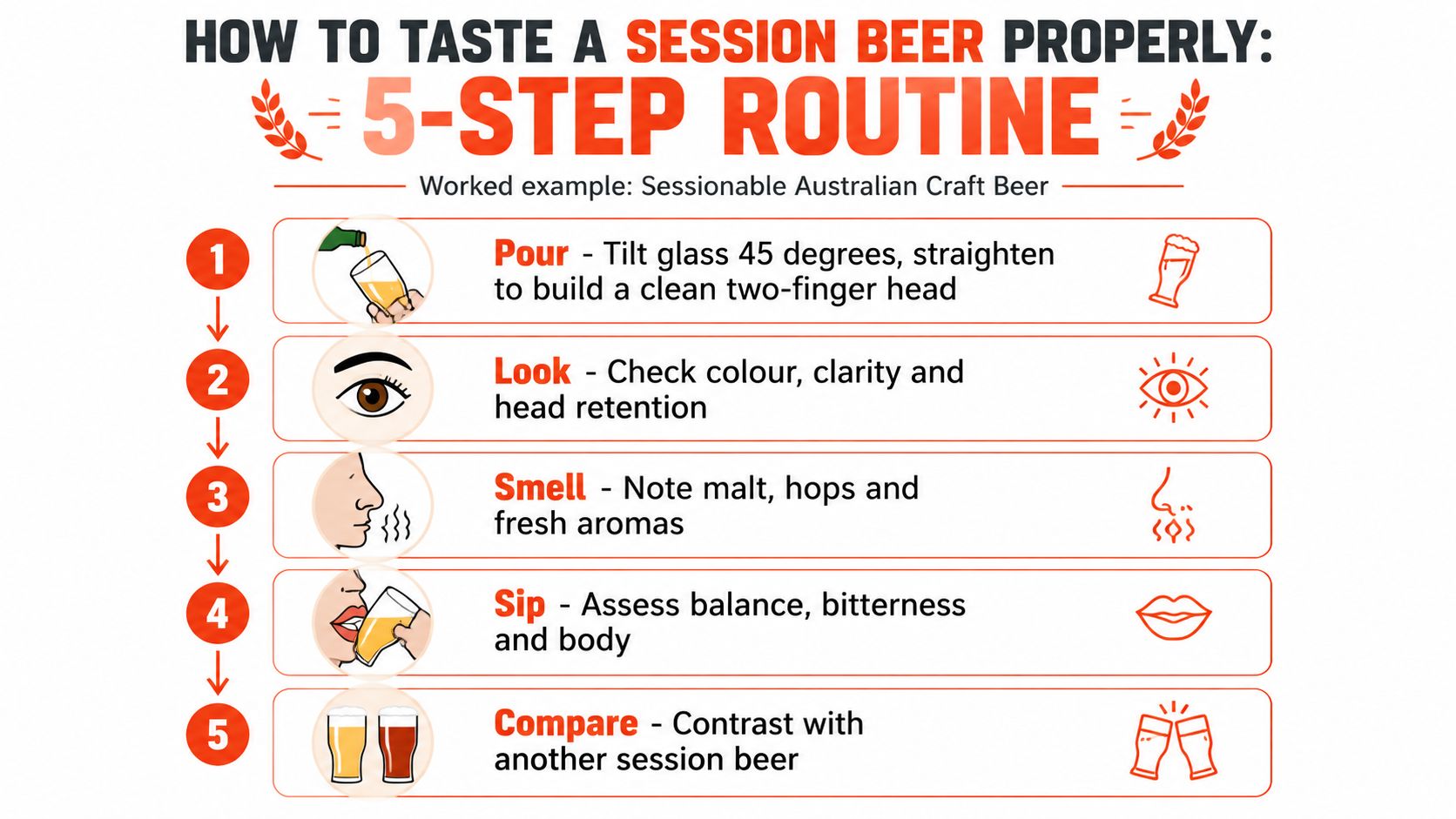 A 5-step instructional guide on how to properly taste and evaluate a session craft beer.