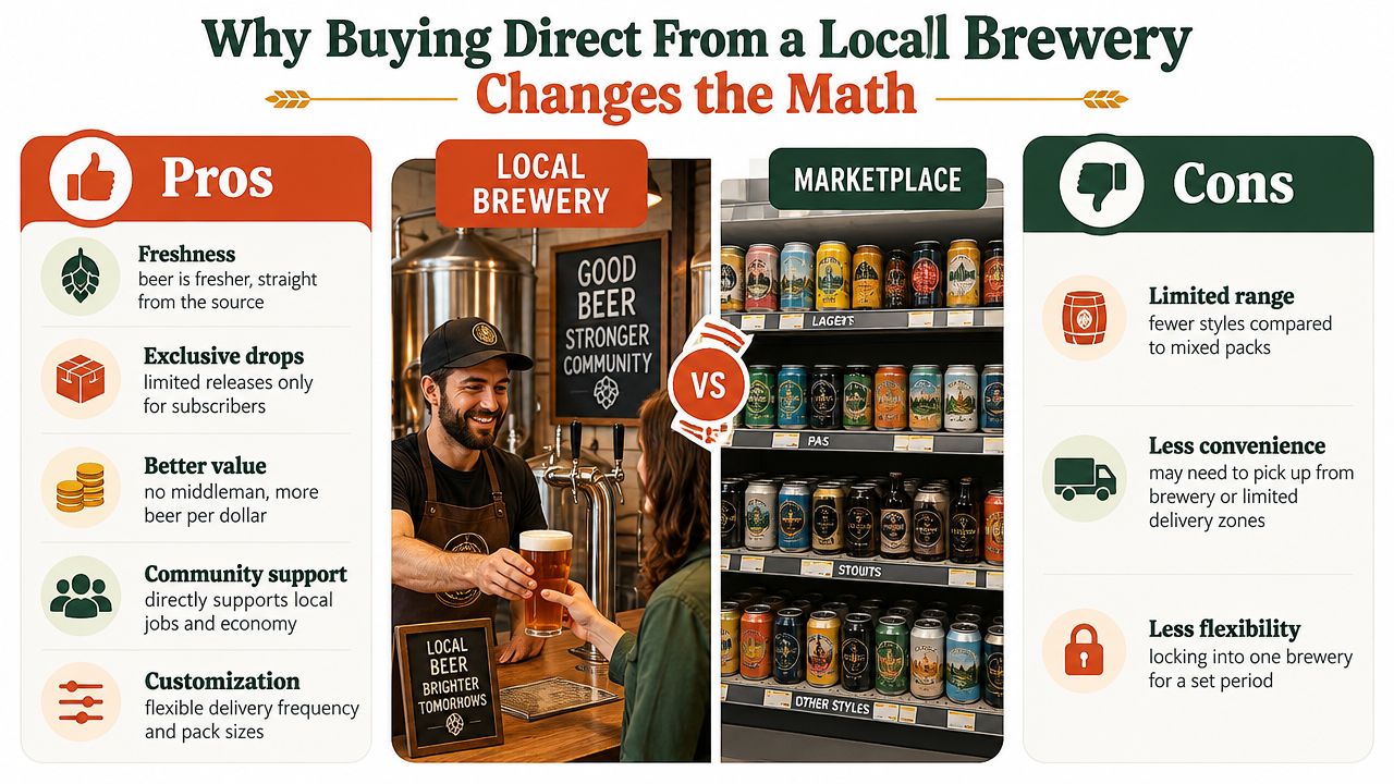 A comparison infographic showing the pros and cons of buying craft beer directly from local breweries versus marketplaces.