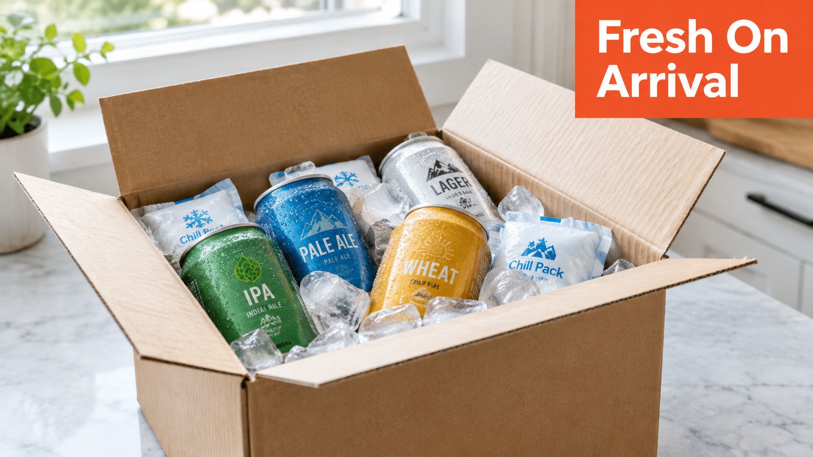 A cardboard shipping box filled with cans of craft beer and ice packs on a counter.
