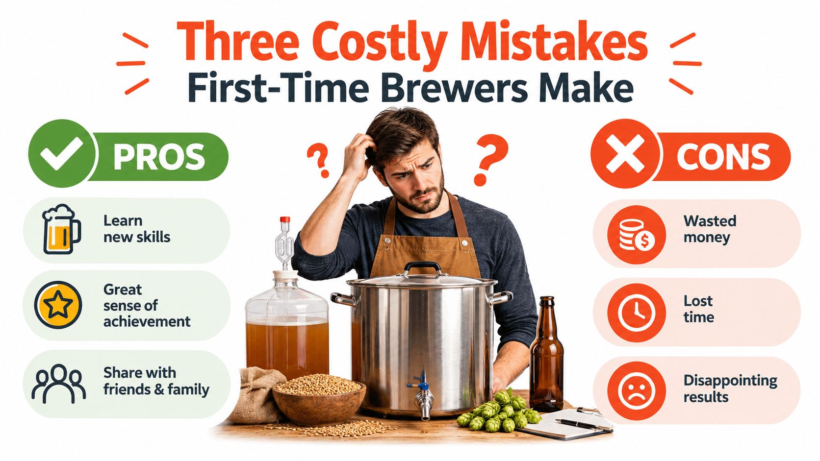 A confused home brewer standing behind brewing equipment, representing the challenges of starting home brewing for beginners.
