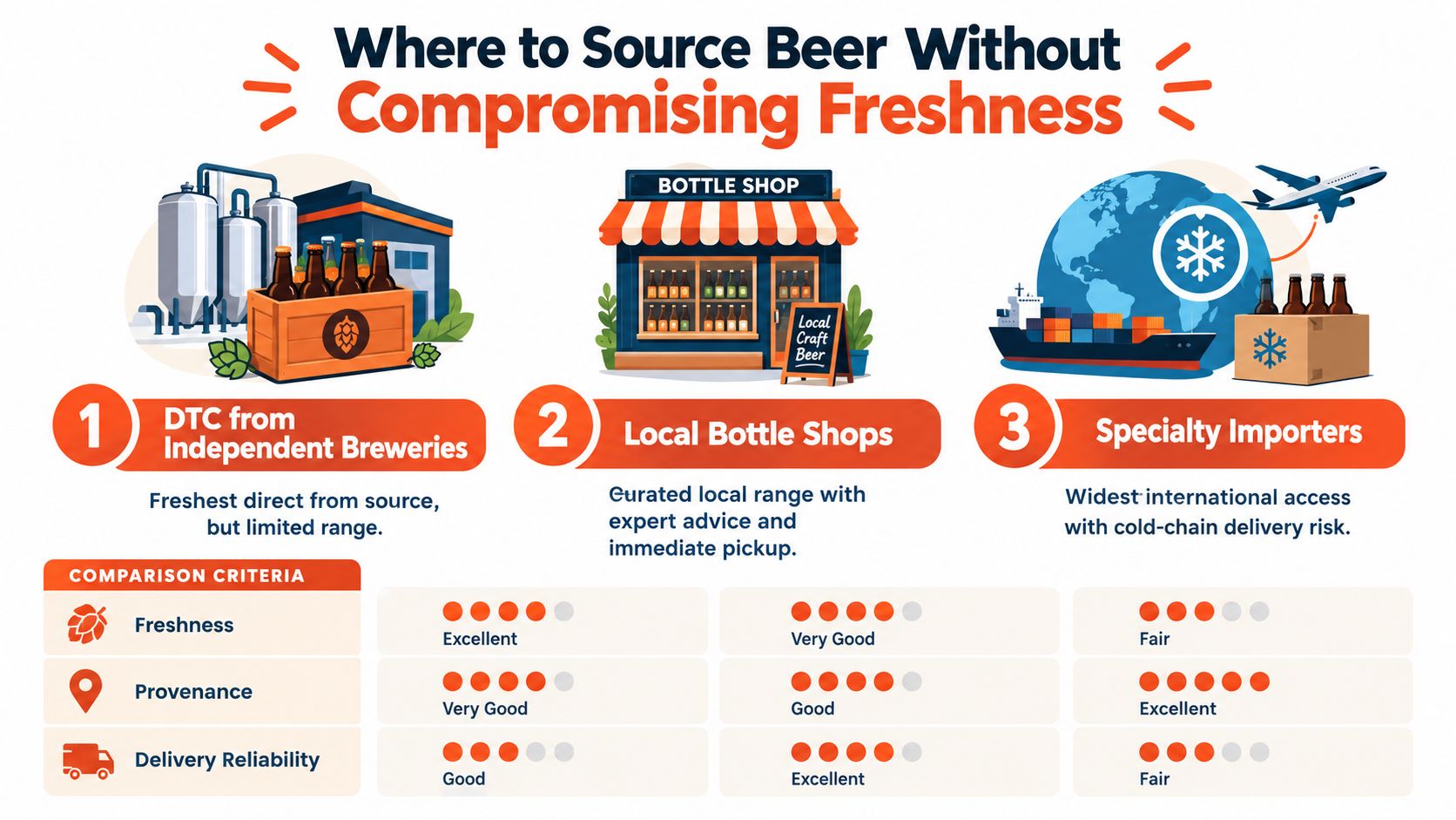 An infographic comparing three methods for sourcing fresh beer: direct from breweries, bottle shops, and specialty importers.
