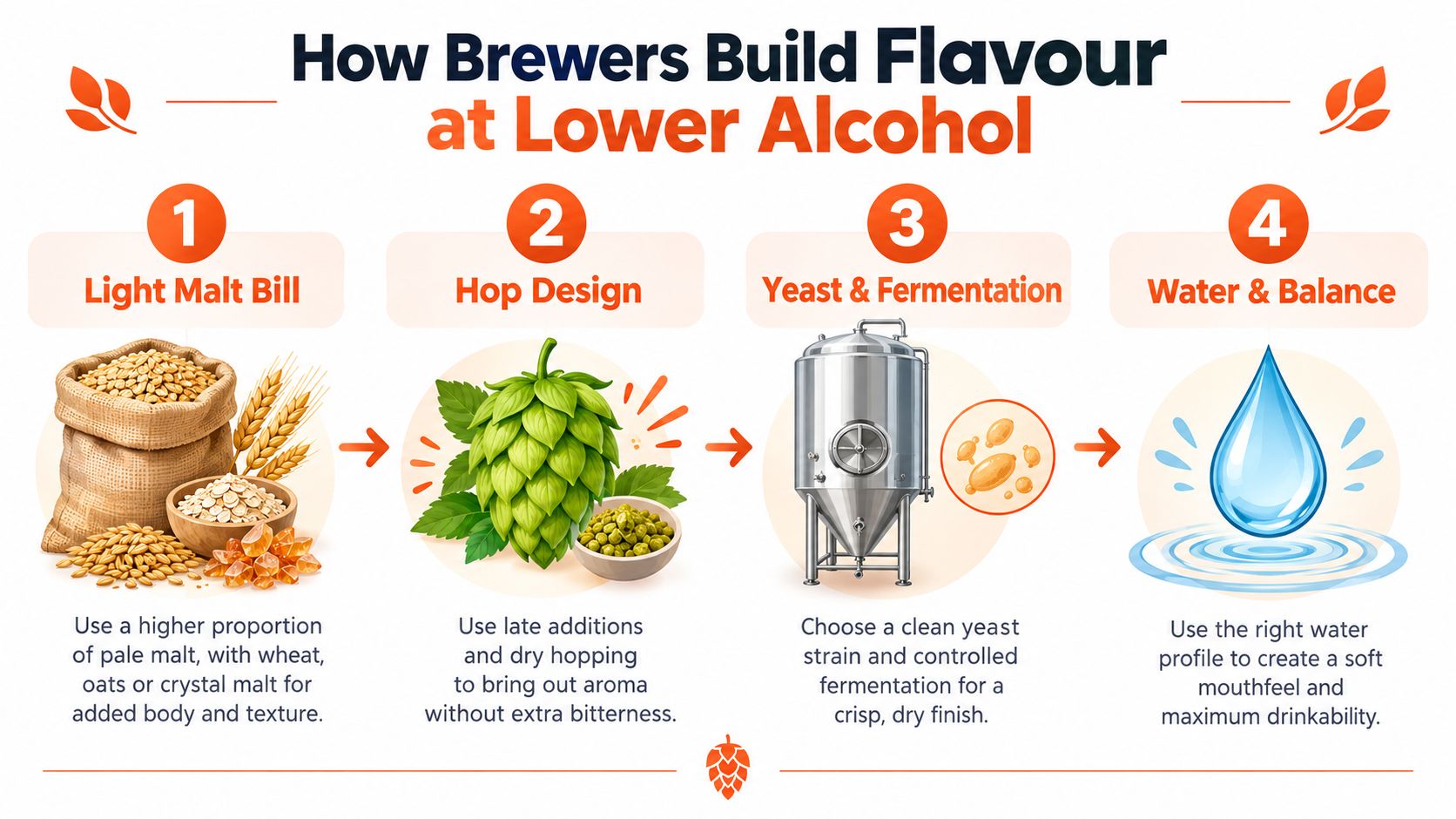 An infographic showing four steps brewers use to build flavor in lower alcohol beer like session IPAs.