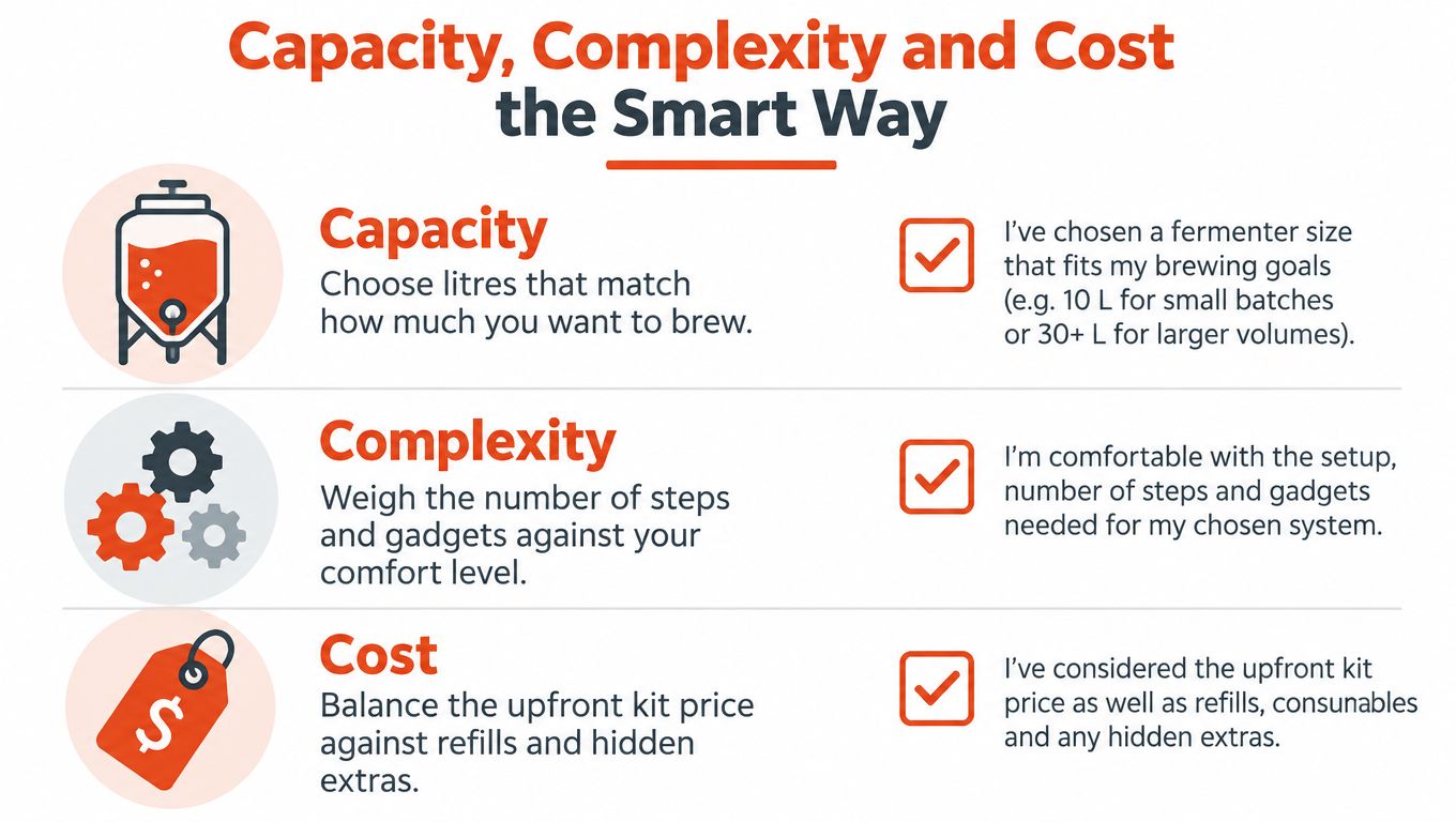 An infographic titled Capacity, Complexity and Cost the Smart Way, outlining three key factors for choosing home brewing equipment.