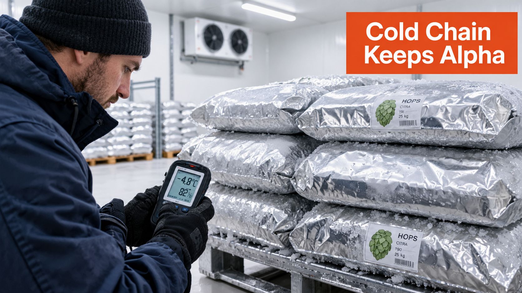 A technician in a cold storage facility inspecting temperatures of silver bags containing Citra hops.
