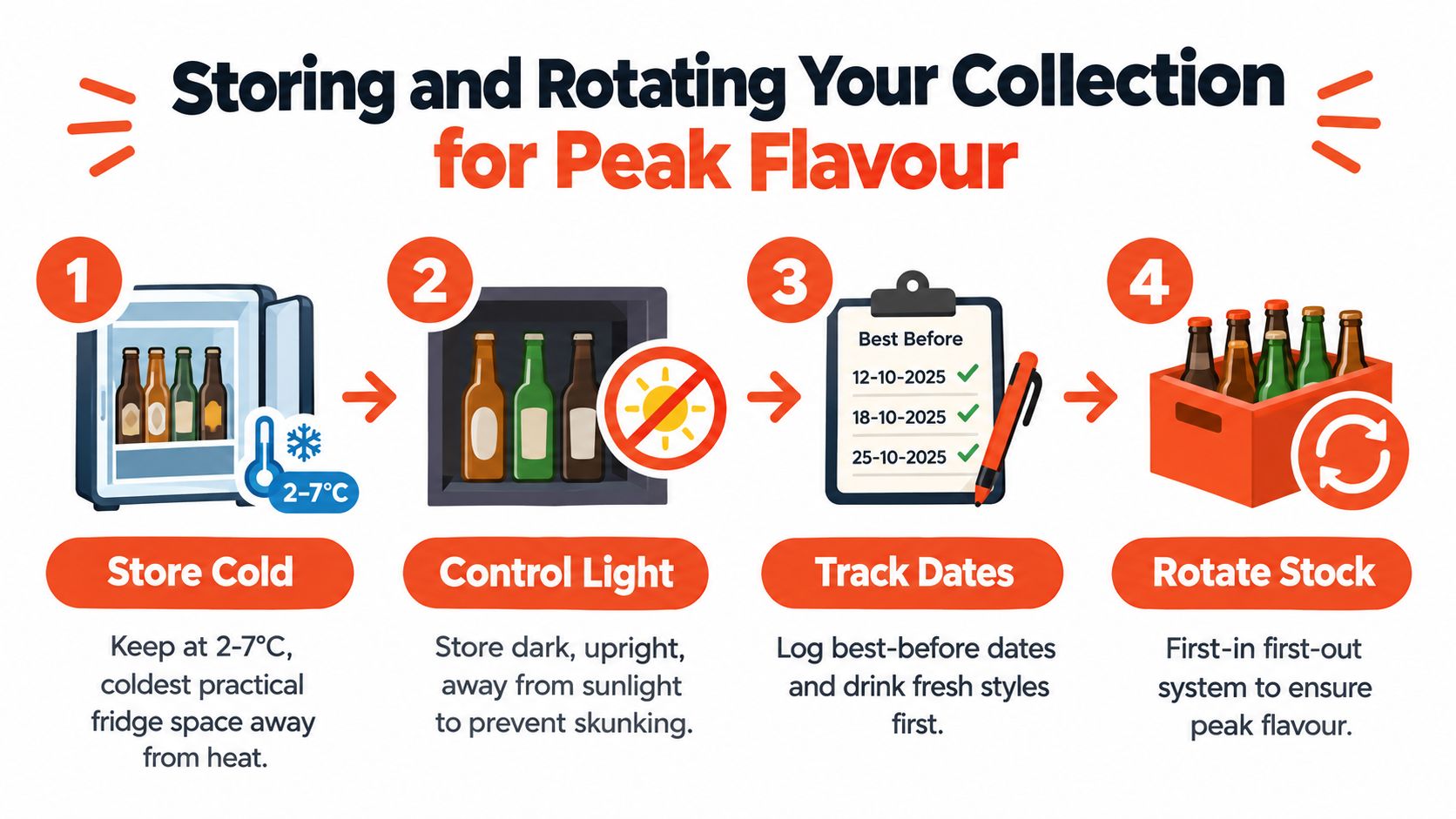 An infographic showing four steps to store and rotate a beer collection for optimal freshness and flavor.