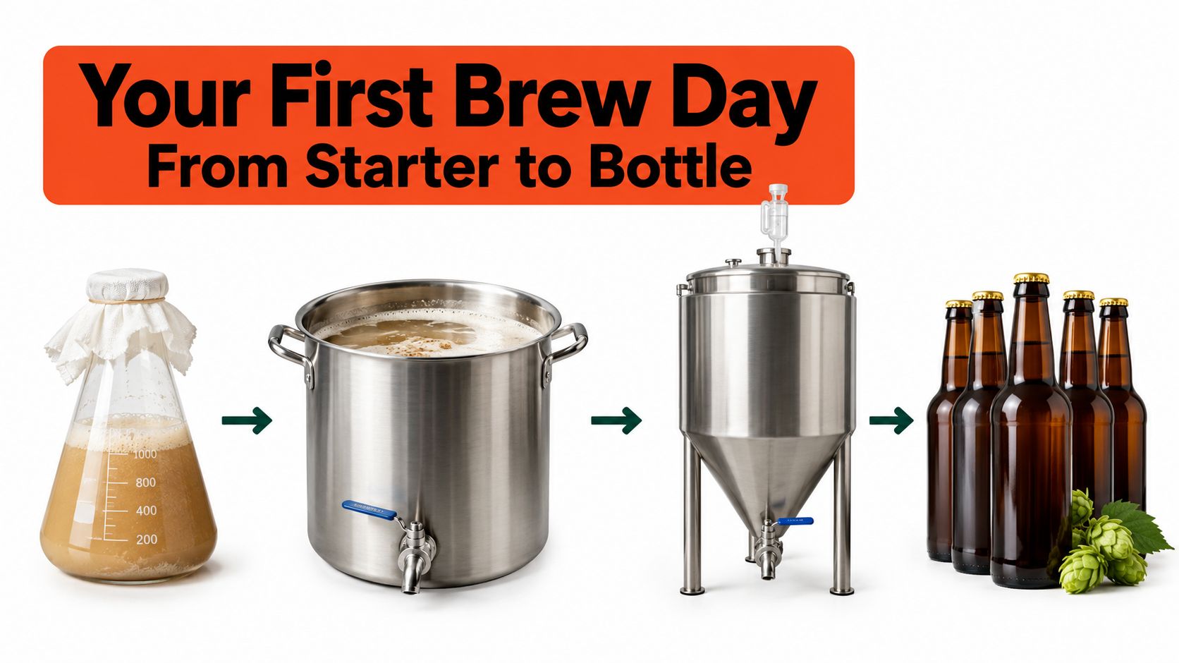 An educational infographic illustrating the home brewing process from yeast starter to bottled beer.