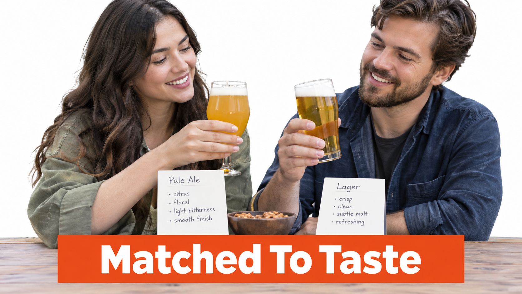 A happy couple cheering with glasses of beer while tasting pale ale and lager side by side.
