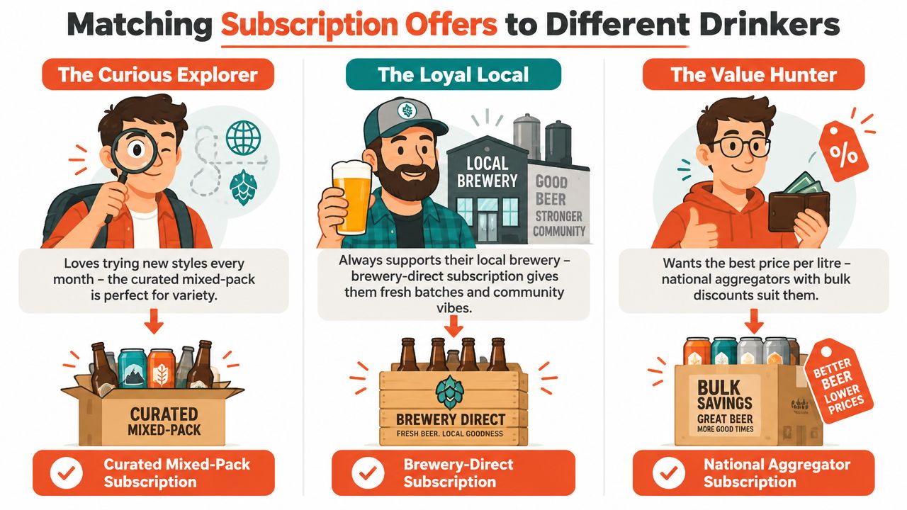 An infographic illustrating three types of beer subscription offers tailored for different drinkers, including explorers, locals, and budget-conscious consumers.
