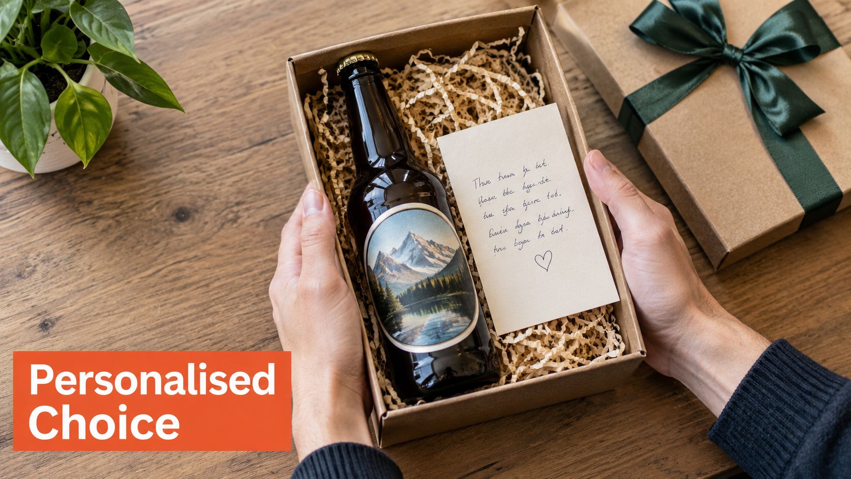 A person holding a gift box containing a personalized bottle of beer and a handwritten note.