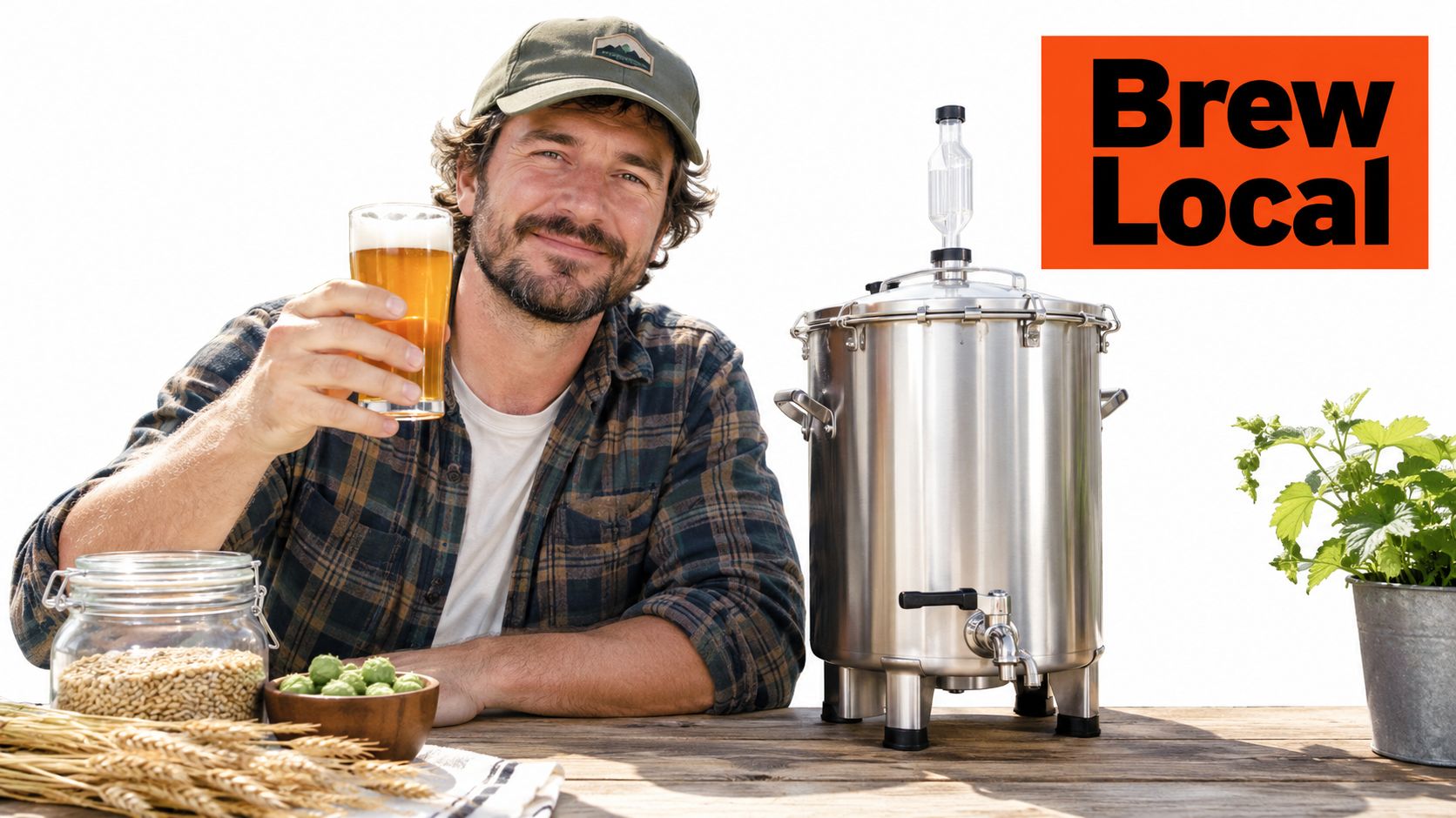 A man in a flannel shirt and cap holds a glass of beer next to home brewing equipment.