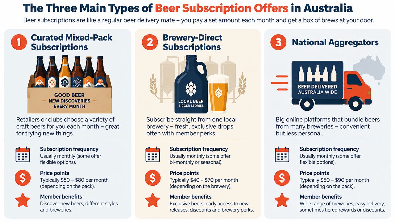 An infographic illustrating the three main types of beer subscription services available in Australia.