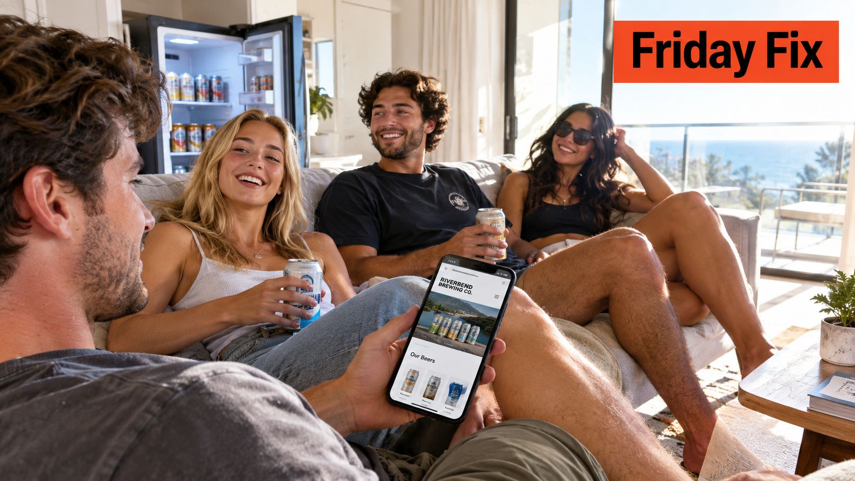 A group of friends relaxing on a couch, browsing a brewery website on a smartphone.