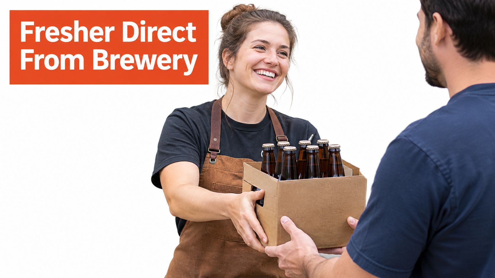 A friendly delivery person handing a box of craft beer bottles to a customer
