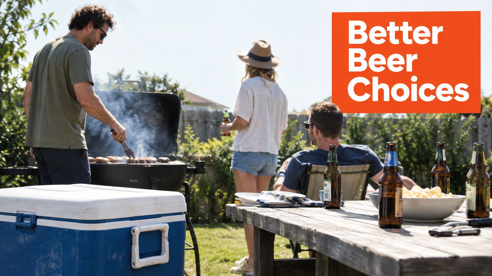 A group of friends enjoy a sunny backyard barbecue with grilled food and cold bottles of beer.