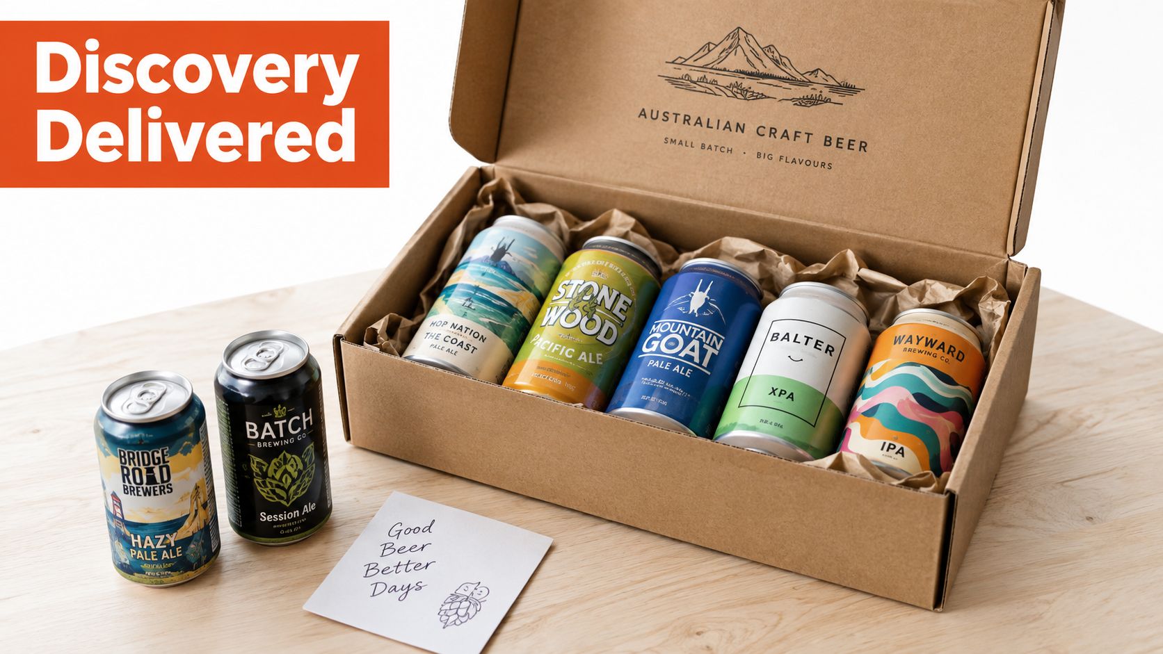 A gift box of Australian craft beers next to a note reading Good Beer Better Days.