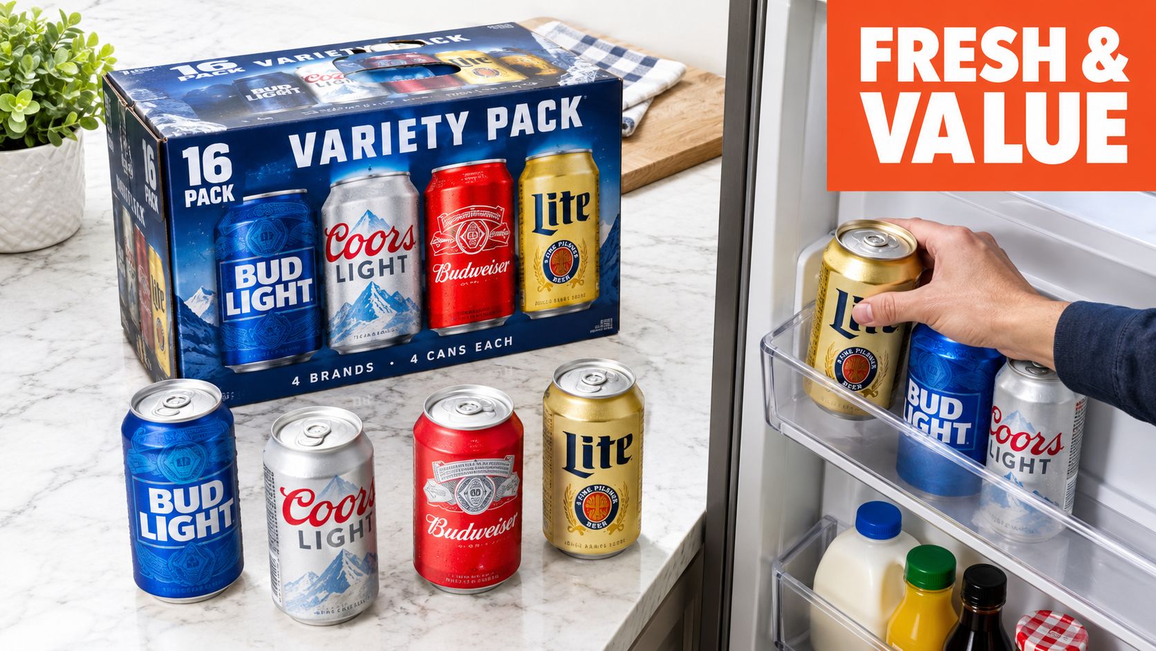 A 16-pack variety beer box on a marble counter with cans and a hand selecting a beer.