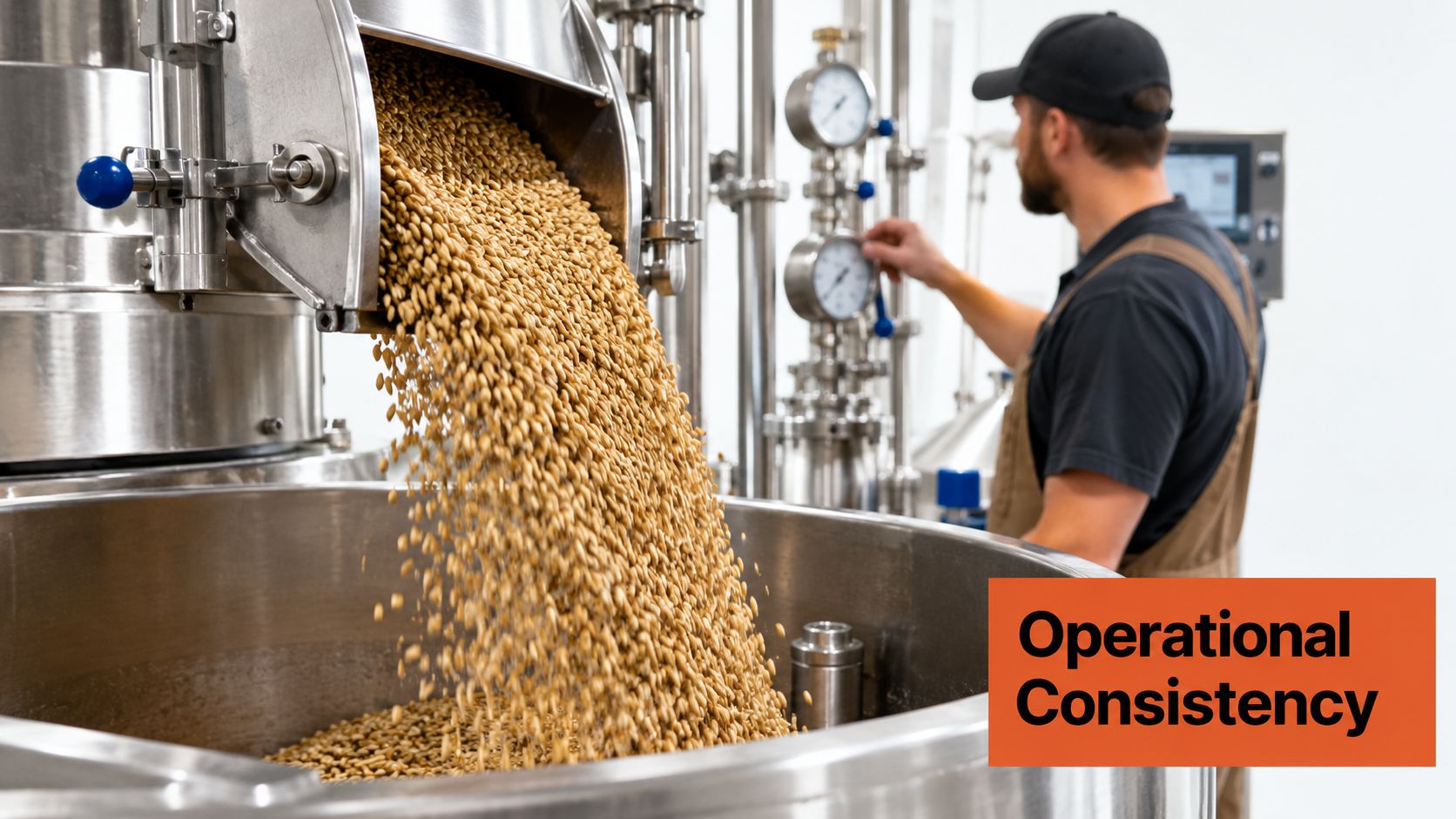 A professional brewer monitoring a modern stainless steel machine while pouring golden grains into a large vessel.