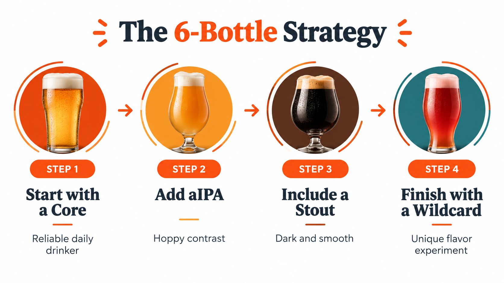A four-step graphic illustrating the 6-Bottle Strategy for selecting different types of beer for a pack.
