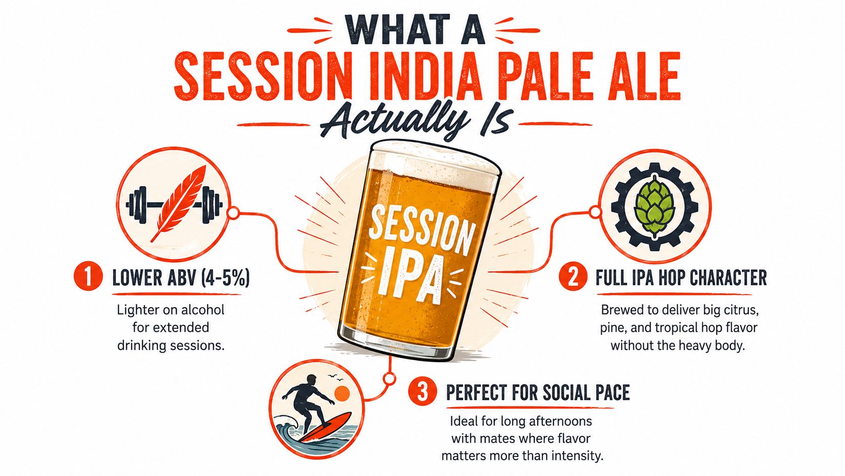 An infographic explaining the characteristics of a session IPA, including lower alcohol content and hop flavor profile.