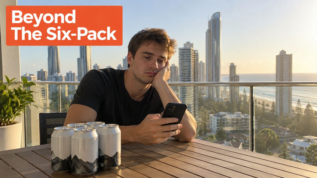A young man looking bored while checking his smartphone at a balcony table with craft beer cans.