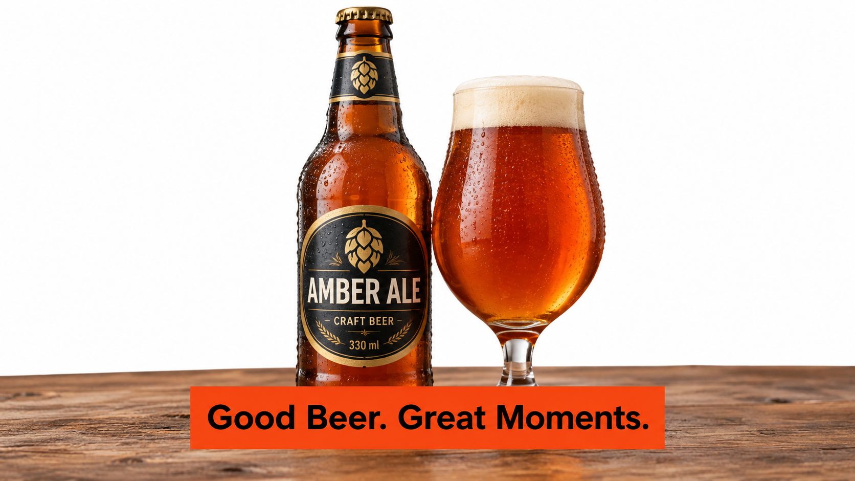 A chilled glass of amber ale sitting next to a brown beer bottle on a wooden surface.