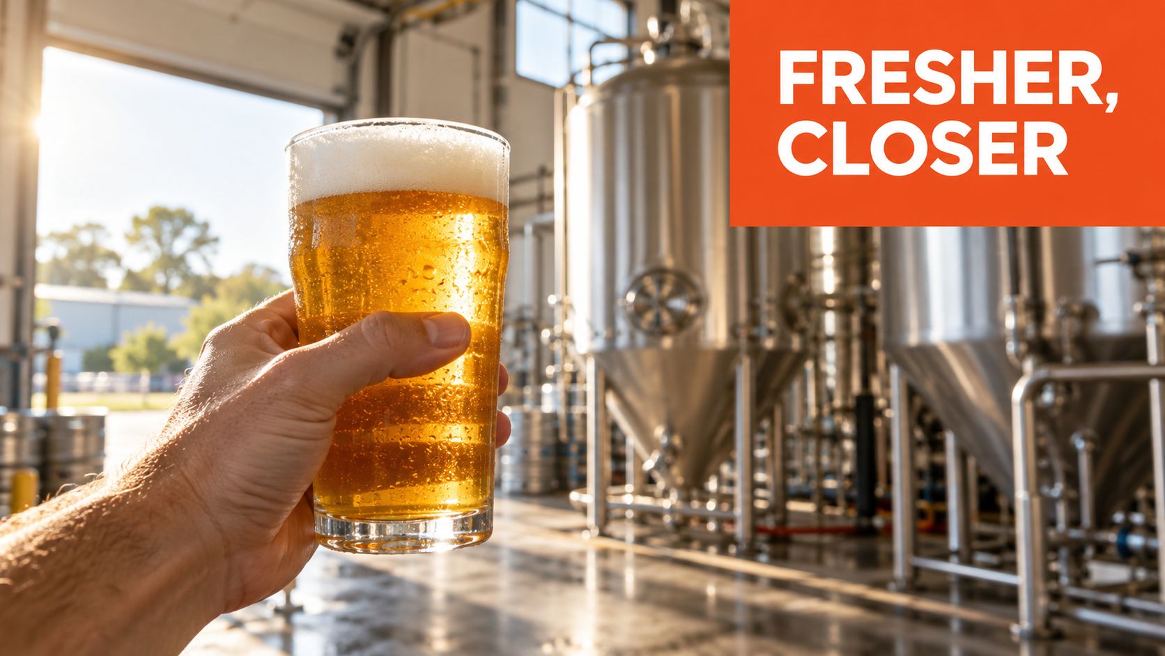 A hand holding a fresh glass of beer inside a local brewery with industrial metal fermenting tanks.
