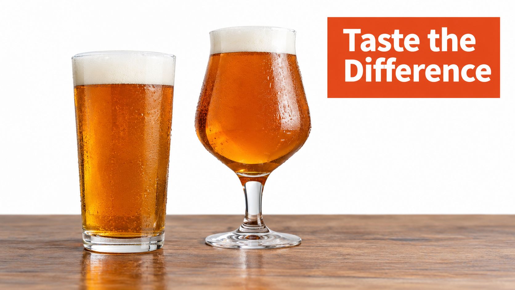 A standard pint glass and a teku beer glass filled with amber beer on a wooden table.