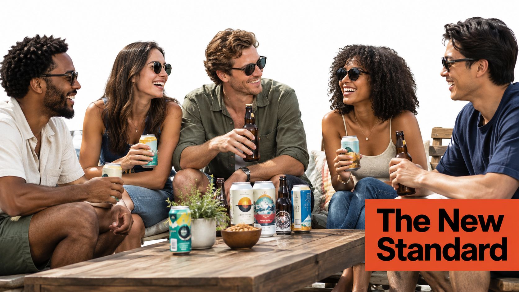 A diverse group of friends smiling and laughing while drinking craft beer outdoors at a wooden table.