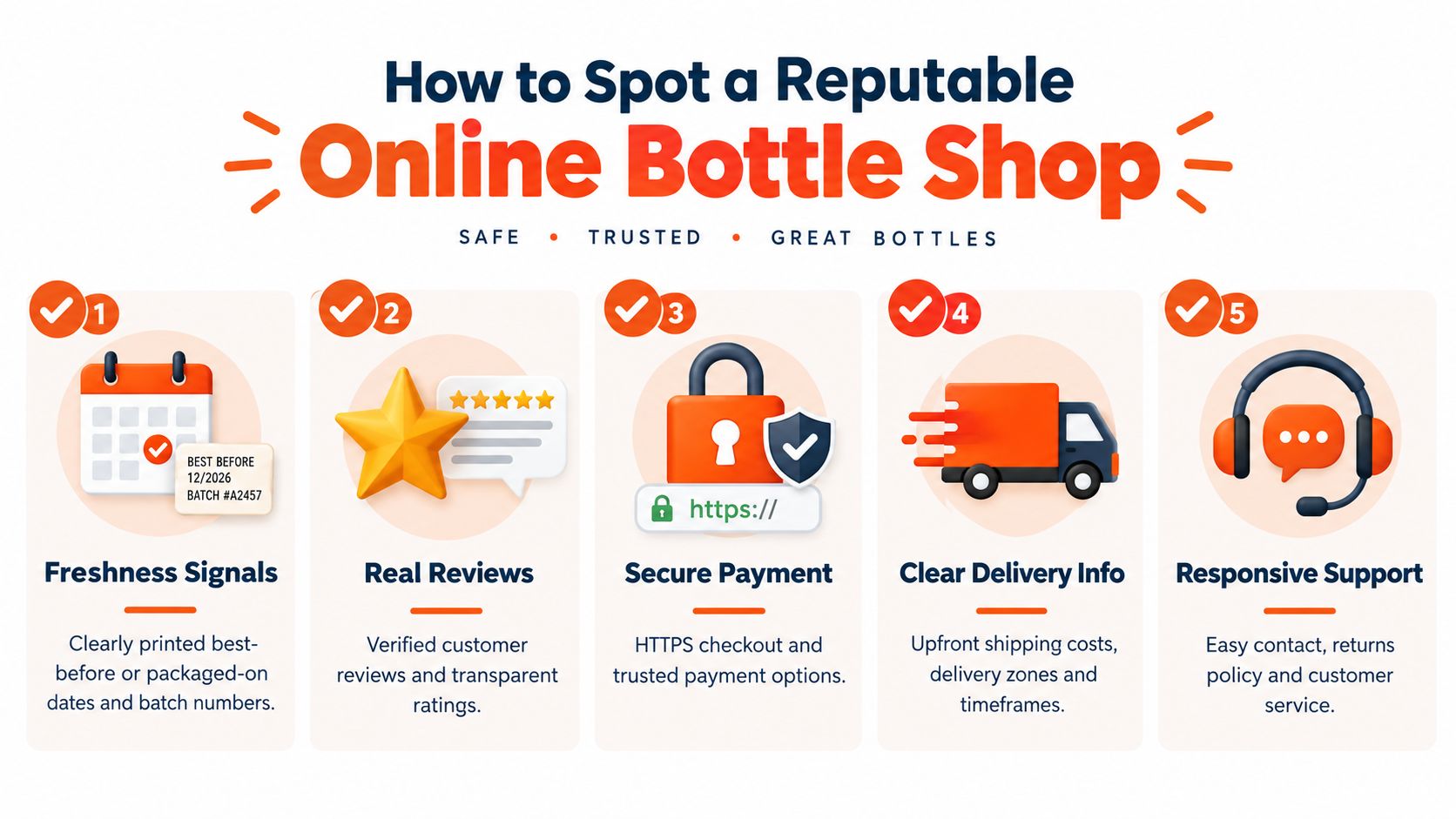 An infographic detailing five key steps to identify a safe and reputable online bottle shop for customers.
