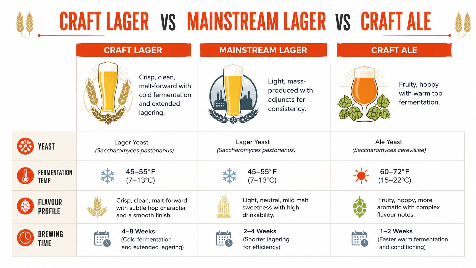 A comparison chart explaining the differences between craft lager, mainstream lager, and craft ale beer types.