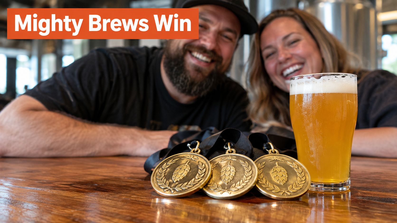 A man and a woman smiling behind a row of three gold hop medals and a pint of beer.