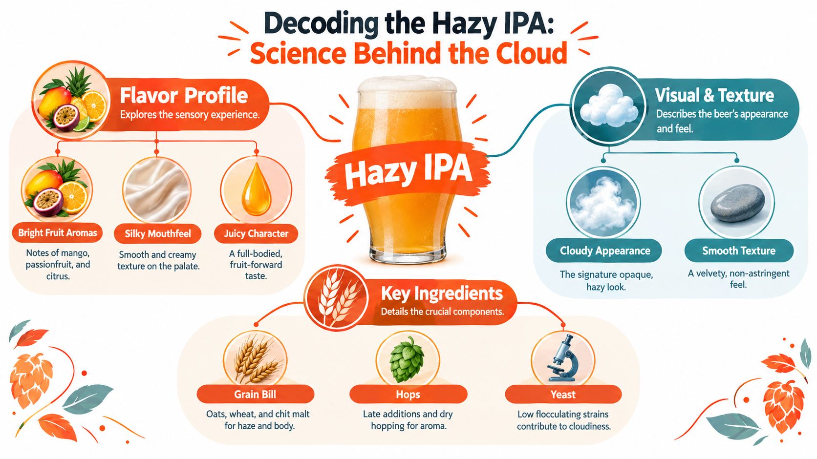 An infographic titled Decoding the Hazy IPA, explaining the flavor profile, visual texture, and key ingredients.