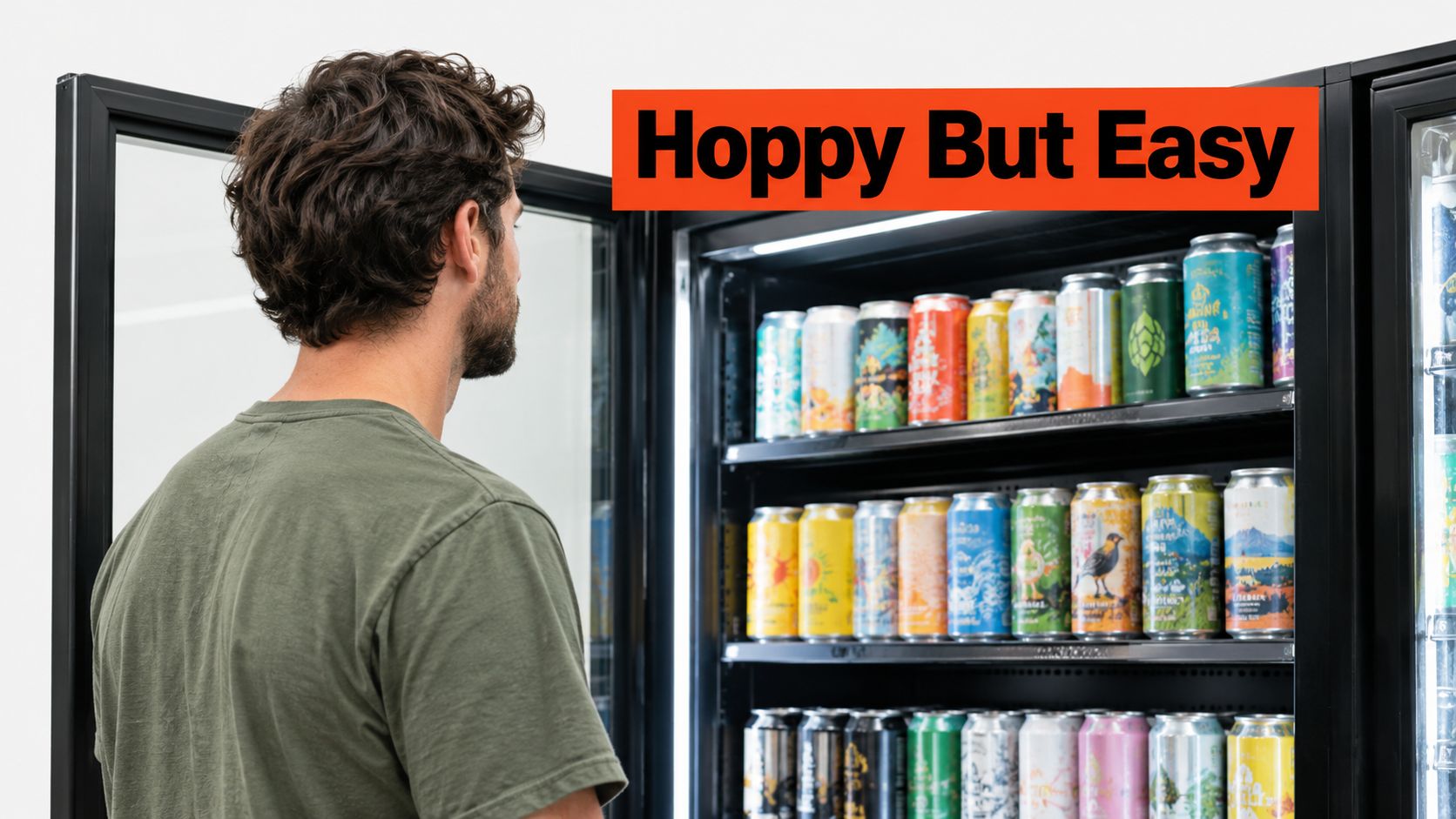 A man in a green t-shirt looks at a refrigerated shelf full of various craft beer cans.