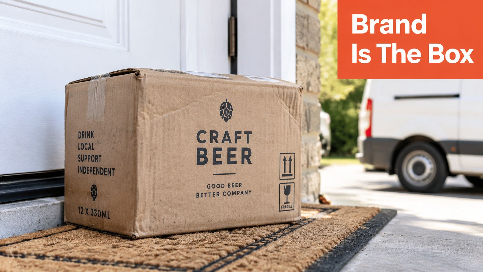 A brown cardboard box labeled Craft Beer sitting on a front porch doormat near a house door.